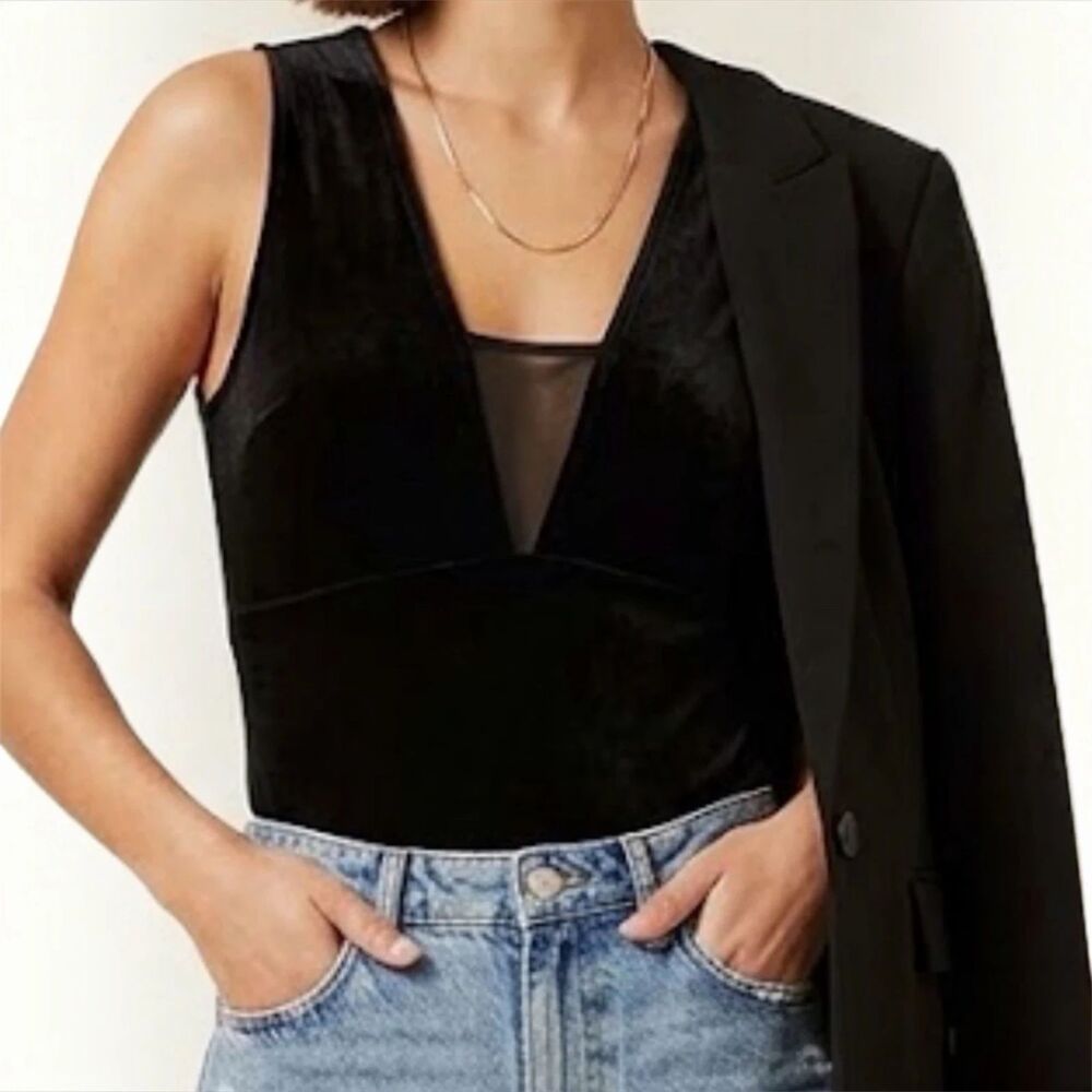 TOPSHOP velvet BODYSUIT Top Womens Sz 6 Mesh Plunge Sleeveless Layer Romantic